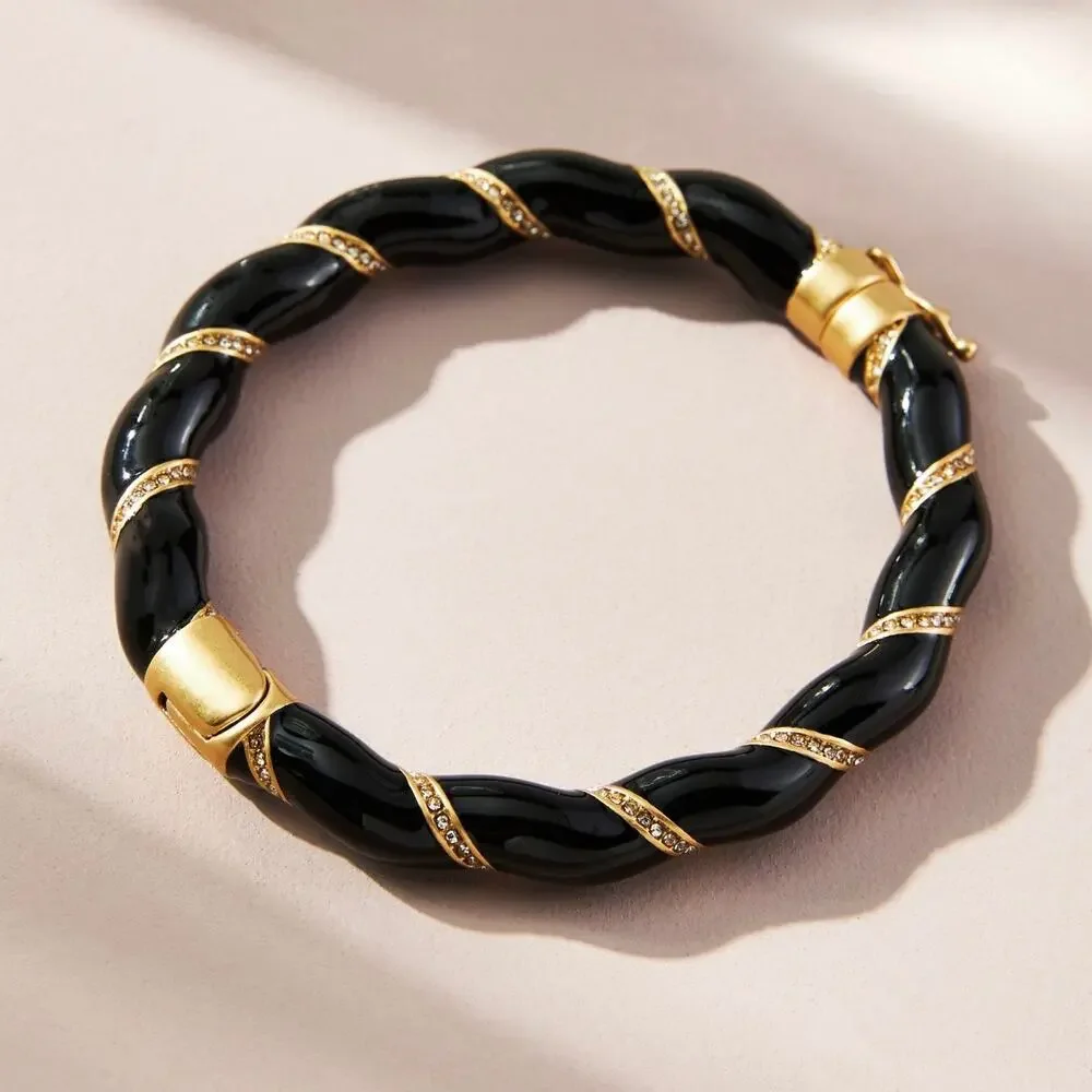 CLARE V Gold Plated Enamel Rope Bangle Bracelet Blue Rhinestone Crystal NEW